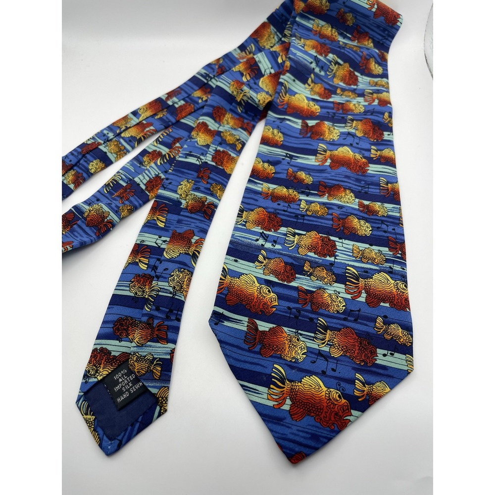 J. Garcia Mens Blue Silk Goldfish Music Note Necktie Hand Sewn Art Tie